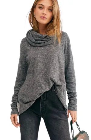 FREE PEOPLE BEACH Women’s Boho Cocoon Heather Gray Cowl Neck Knit Top thumbnail 1