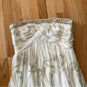 Ethereal Grecian Strapless Maxi Dress Womens 12 White Gold Beaded Formal Gown thumbnail 4