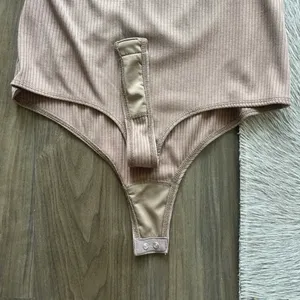 Privacy Please Bodysuit Tan Ribbed Long Sleeve Snap Front Top thumbnail 6