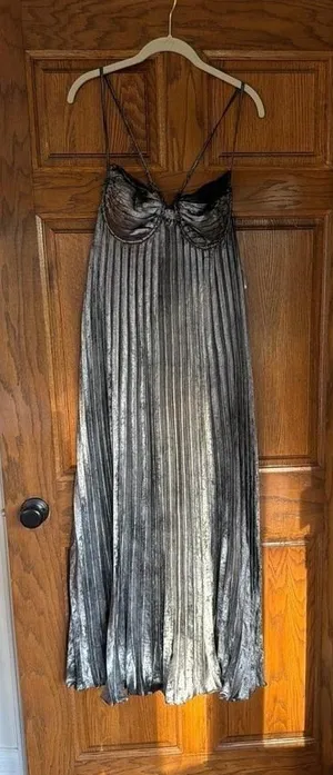 Lulus Brilliant Allure Silver Metallic Lurex Pleated Maxi Dress XL thumbnail 1