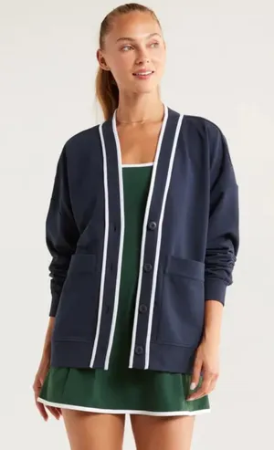 ZELLA x Recess Pickleball Courtside French Terry Cardigan Navy Sapphire Medium thumbnail 1