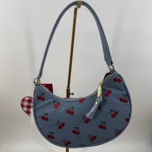 Betsey Johnson Denim Cherry Embroidered Heart Charm Gingham Shoulder Bag NWT thumbnail 2