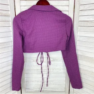 Zara Houndstooth Cropped Polo Top Purple Black‎ Small Long Sleeve Deep V-neck thumbnail 11