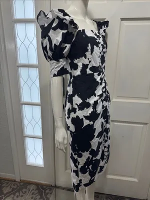 Christopher John Rogers 100% Cotton Black & White Puff-Sleeve Midi Dress Size 4 thumbnail 10