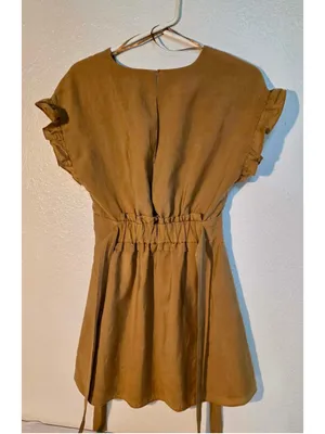 Zara Ruffle Cap Sleeve Deep V Tie Waist Keyhole Back Mini Dress Camel Brown XS W thumbnail 2