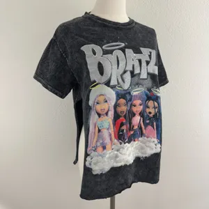 BRATZ Y2K Vibes Dark Grey Acid Wash Reworked Side Slit Angel Dolls Graphic Tee thumbnail 1
