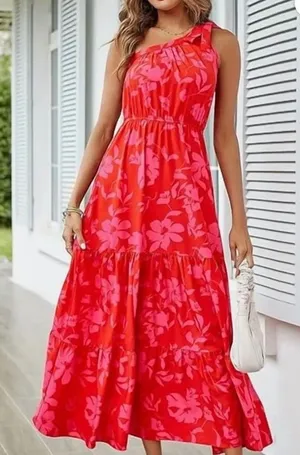PrettyGarden One Shoulder Floral Maxi Dress Red Pink Tiered Boho Summer M resort thumbnail 1