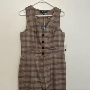 NEW NWT MODCLOTH Plaid Appeal Vest Jumpsuit Tan Brown Blue Sleeveless Retro 70s thumbnail 5