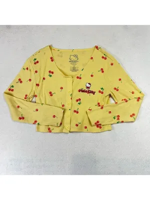Hello Kitty Cardigan Sz M Yellow Ribbed Baby Doll Cropped Long Sleeve Button up thumbnail 5