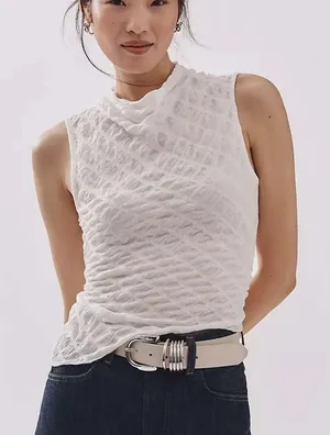 Anthropologie Maeve Asymmetric Textured Tank Small White Sleeveless Mock Neck thumbnail 1
