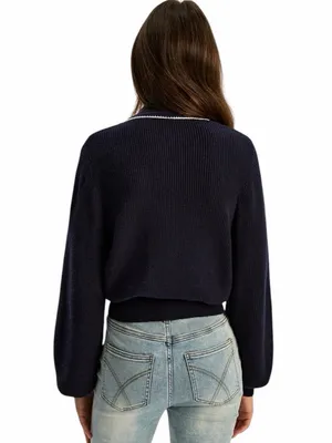 Commense - NWT Tie Neck Button Knit Cardigan Wool Blend Navy White Trim Sz M thumbnail 2