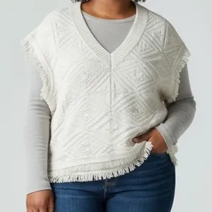 Banana Republic Ivory Diamond Knit Fringe Sweater Vest Organic‎ Cotton XL/XXL thumbnail 1