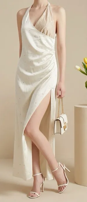 Women's Rhinestone Cream Lace Halter Maxi Dress Size Small thumbnail 1
