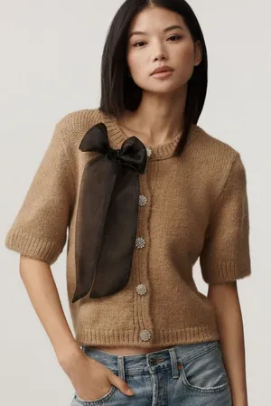 Anthropologie Maeve Short-Sleeve Bow Cardigan Sweater thumbnail 1