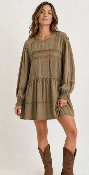 Anthropologie Pilcro Olive Green Mock Neck Swing Mini Dress Women’s L thumbnail 1