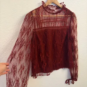 Tularosa Sheer Lace Top M Romantic Victorian Coquette Whimsigoth Ruffle Burgundy thumbnail 3