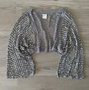 Y2K Silver Sequin Open Knit Crochet Bolero Shrug Crop Cardigan Bell Sleeve thumbnail 1