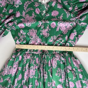 Xirena Aurie Mini Dress Large‎ Green Pink Floral Cotton Puff Sleeve Cottage Boho thumbnail 12