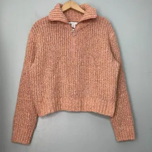 Sincerely Jules Size Medium Pink Wool Blend Cropped Chunky 1/4 Zip Sweater Boho thumbnail 1