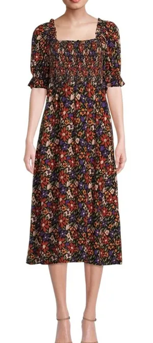BeachLunchLounge 26G Floral Smocked Midi Dress Square Neck‎ Tie Back Size XL thumbnail 1