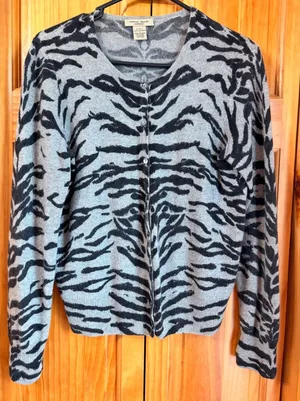 Vertical Design Cashmere Tiger Stripe Cardigan Grey Black Animal Print Sweater L thumbnail 1