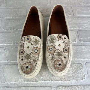 COACH Tea Rose Crosby Loafer Driver Flats Womens 8 Chalk Leather Floral Applique thumbnail 9