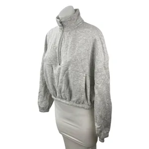 Lazy Sunday Women's Gray Fleece Half Zip Long Sleeve Crop Sweatshirt Top Size M thumbnail 2