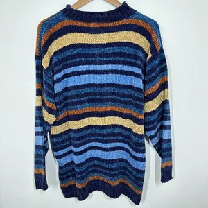 Vintage Chenille Blue‎ Gold Striped Mockneck Sweater 90s Size Medium thumbnail 2
