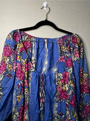 Free People Elena Sapphire Combo Blue Floral Boho Peasant Balloon Sleeve Top thumbnail 3