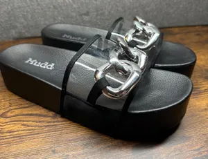 Chunky Platform Slides Black Clear Strap Silver Chain Sandals‎ Y2K Streetwear thumbnail 1