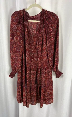 Max Studio Burgundy Tiered Shift‎ Floral Print Smocked Paisley Dress Medium EUC thumbnail 1