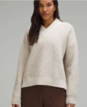 Lululemon Alpaca Wool-Blend V-Neck Sweater Heathered White Opal M thumbnail 1