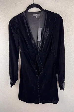 Lulus Black Velvet HOCO Button Front Mini Dress‎ Party Cocktail NWT Size XS thumbnail 1