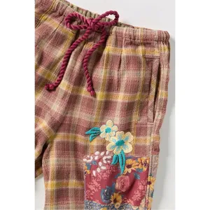 Free People Bohemian Brooks Embroidered Plaid Wide Leg Patchwork Pants Size XL thumbnail 7