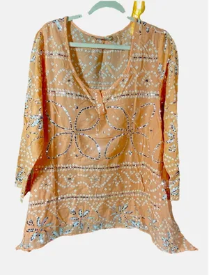 Soft Surroundings Womens Tunic Top Large Orange Sequin Long Sleeve‎ Lightweight thumbnail 1