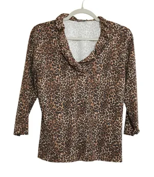 J. McLaughlin Size Medium Leopard Print Ruffle Cowl Neck 3/4 Sleeve Top‎ Brown thumbnail 1