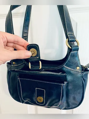 Navy Blue Shoulder Bag Purse Tote w/ Gold-Tone Accents: Faux Leather, Small thumbnail 3