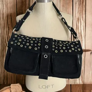 COPY - EuroWellness‎ Black Suede Purse Silver Gold Grommets thumbnail 1