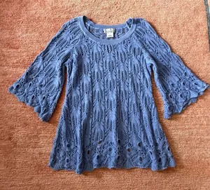 Nouveaux Blue Open Knit Lace Sweater Size L Bell Sleeve Cotton Boho thumbnail 1