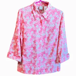 Emma James Size 14‎ Floral Button Down Shirt Peachy Pink 3/4 Sleeve Blouse thumbnail 2