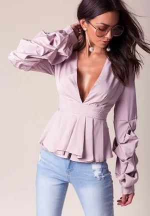 BANJUL V Neck Ruffle Sleeve Peplum Blouse thumbnail 1