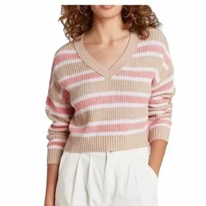 Wild Fable Tan Pink Stripe V Neck Sweater - Size: Medium thumbnail 3