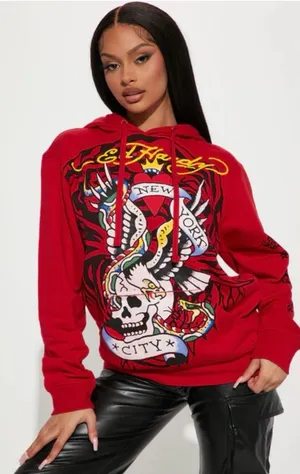 Ed Hardy Eagle & Skull Hoodie sweatshirt New York Red sz M women’s thumbnail 1