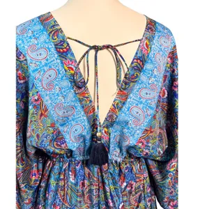 Zury Blue Paisley Silk Blend V-Neck Maxi Dress Ruffle Boho Free Size Kaftan thumbnail 6