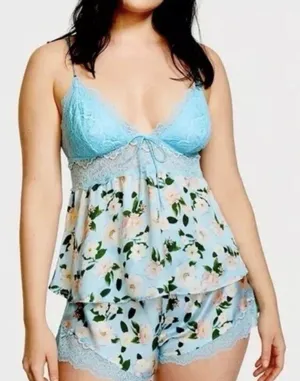 VICTORIA'S SECRET Blue LACE SATIN CAMI Pajama Babydoll S Lounge SET FLORAL I19-1 thumbnail 1