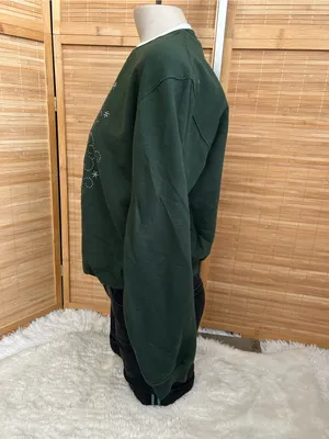 Morning Sun green crewneck sweatshirt winter embroidered owl shirt woman’s M thumbnail 2