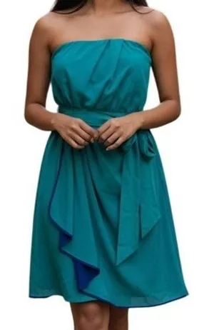 EXPRESS Teal Straples Faux‎ Wrap Mini Dress Navy Blue Contrast Trim Tie Waist S thumbnail 1