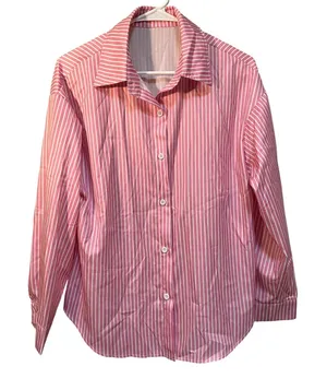 Womens Sz Medium Button Down Shirt Pink White Stripes Satin Long Sleeve Collared thumbnail 1