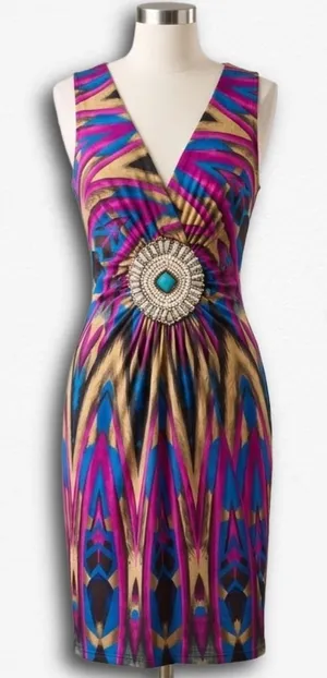 Ashley‎ Stewart Pink Blue Tribal Print Medallion V-Neck Sheath Dress Womens thumbnail 1
