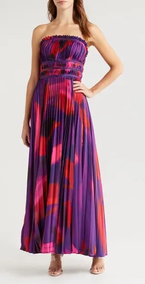 Hutch Sabina‎ Floral Tiered Plissé Gown purple brushstroke thumbnail 1